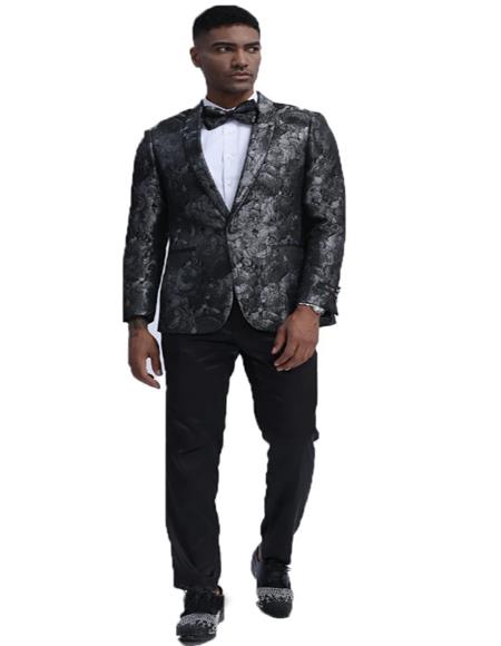 Mens Black & Black and Silver Suit Single Breasted Shawl Lapel Slim Fit Tuxedo 