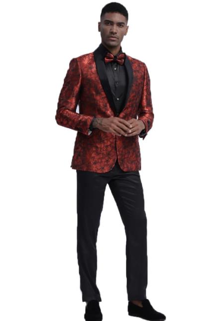 Mens Red Slim Fit Two Flap Front Pockets Prom Tuxedo Suit