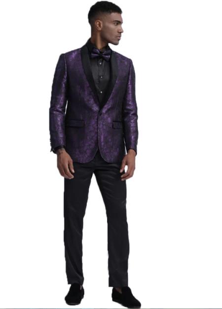Mens Purple Slim Fit One Button Closure Single Breasted Prom Suit