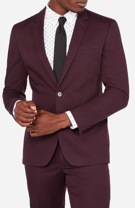 Guys Burgundy Two Flap Front Pockets Notch Lapel Outfit New Trendy
