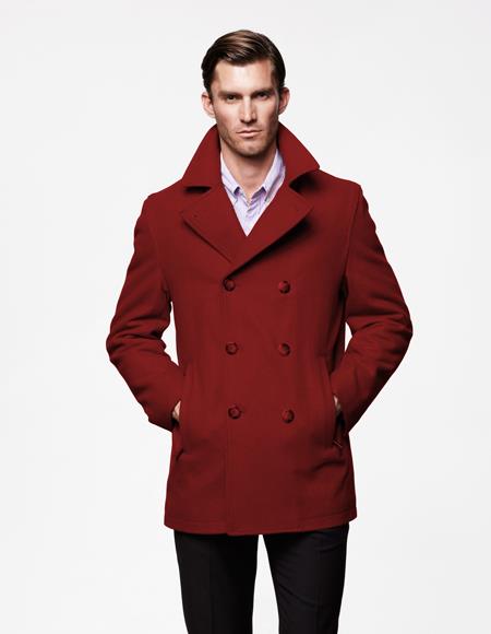 Double Breasted Notch Lapel Burgundy Mens Peacoat Wool 