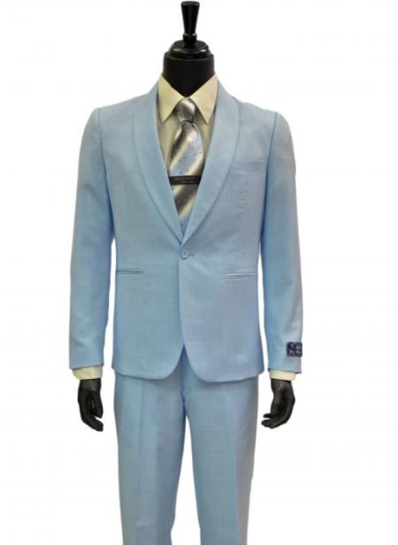 Blue Martini Powder Blue 2Pc One Button Men Slim Fit Shawl Collar Linen Look Suit