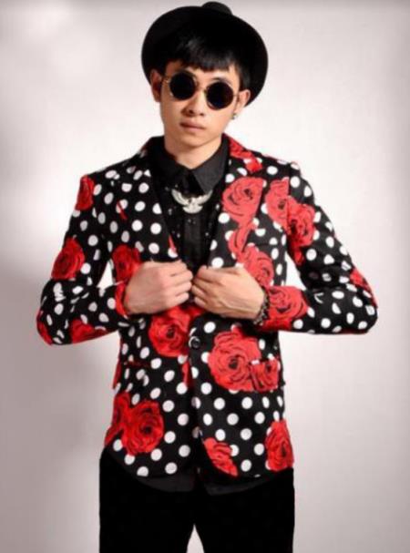 Mens Black and Red Single Breasted Long Sleeve Christmas Party Blazer