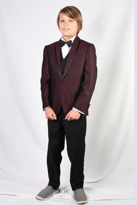 Mens Burgundy Solid Pattern Suit and Pants And Vest