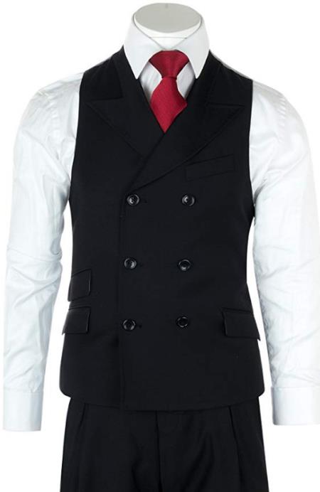 Mens Black Double Breasted Casual Set Vest + Pleated Pants