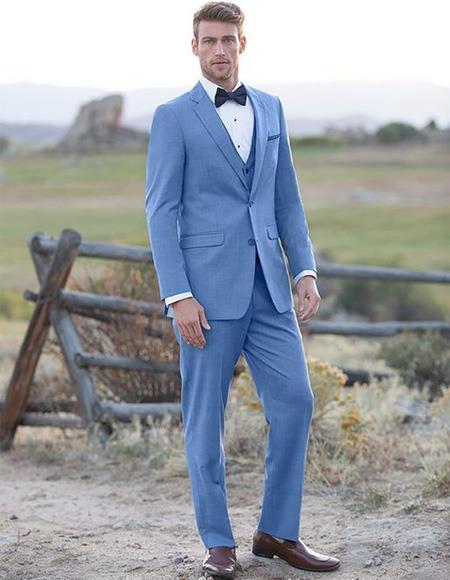 Sky Blue ~ Powder Steel Blue Suit 2 button Vested Flat Front Pants - 3 Piece Suit For Men - Three piece suit