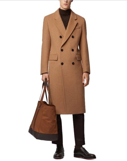 Mens Slim-Fit Double-Breasted Notch Lapel Long Wool  Coat