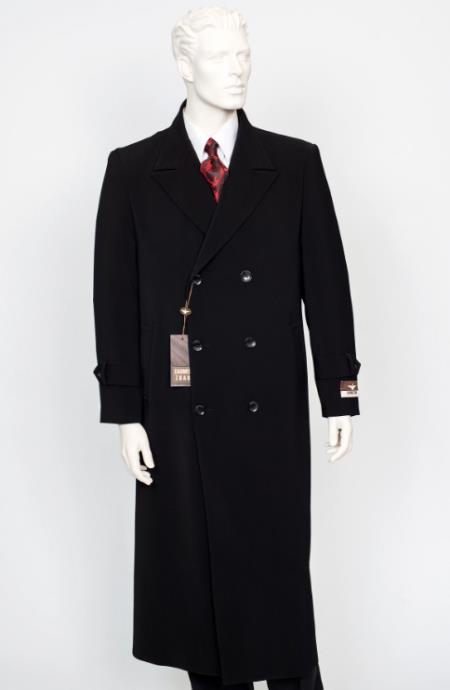 Mens  Black Double Breasted Full Length Coat Duster Maxi Coat