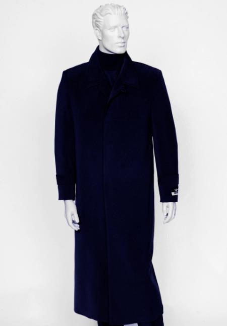 Mens Navy 4 Buttons Notch Lapel Full Length All Weather Coat Duster Maxi Coat