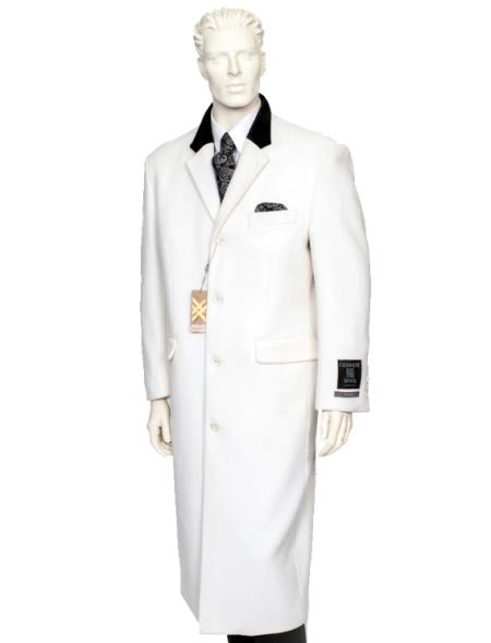 Mens White Notch Lapel One Chest Pocket Full Length Coat Duster Maxi Coat