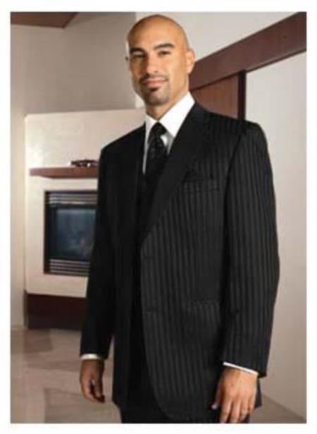 Black Striped Pinstriped Tuxedo Suit Jacket and Pants and Vest