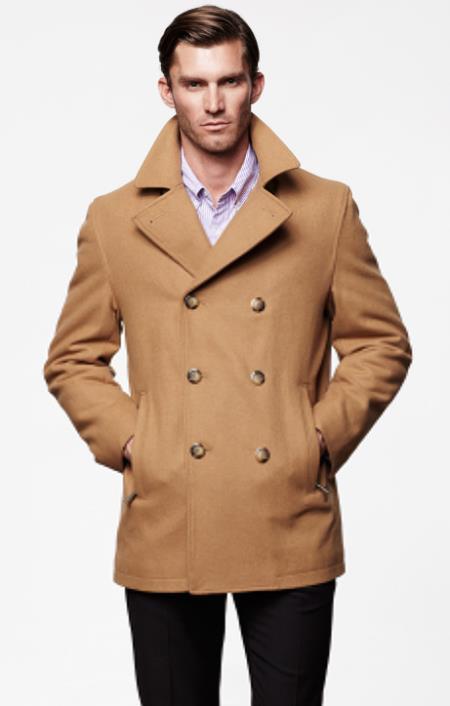 Mens Tan Six Button Double Breasted Notch Lapel Big and Tall Peacoat