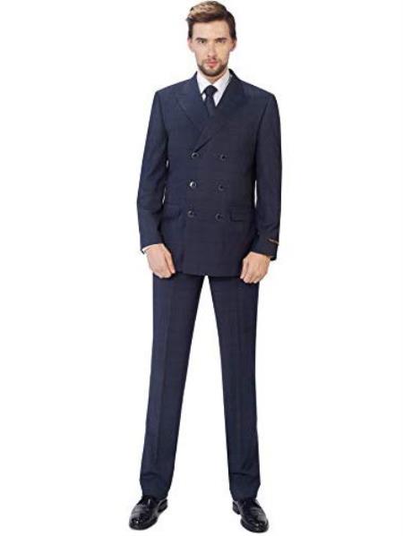 Mens Blue Sharp Cut 3 Piece Windowpane Plaid  Classic Fit 1930 Suit