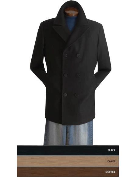 Mens Dress Coat COAT08 Pea Coat Wool Blend Double Breasted Broad Lapels Side Pocket In 3 Color