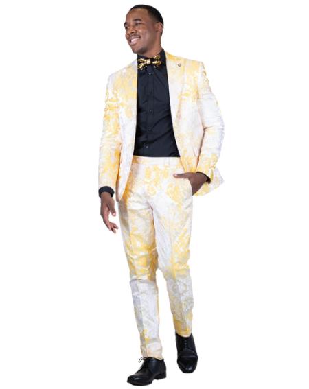 White and Gold ~ Yellow Paisley Suit ( Jacket and Pants)  For Men