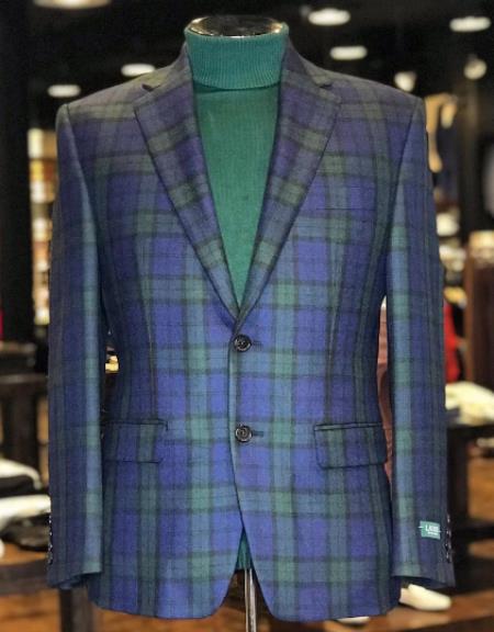 Plaid Green And Blue Tartan Pattern Blazer - Wool