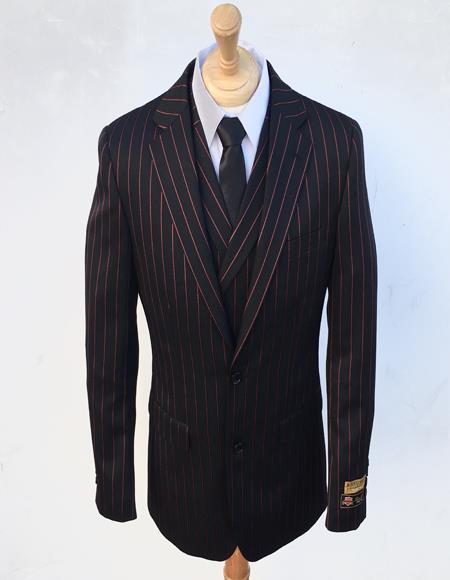 Bold Stripe Gangster Suit Double Breasted Suit Black ~ Red