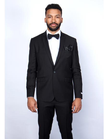 Black 1 Button Closure Slim Fit Graduation Suit For Men - Wool
