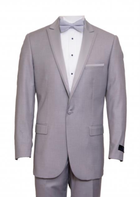 Mens Light Gray Satin Peak Lapel with Fabric Trim Graduation Suit