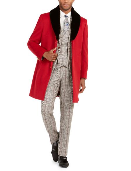 Mens Red Three-button Closure Fully Lined Faux-Fur Trim Overcoat - Wool