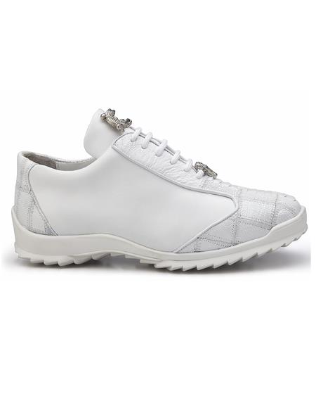 Genuine Ostrich and Soft Calf White Belvedere Sneakers for Men 