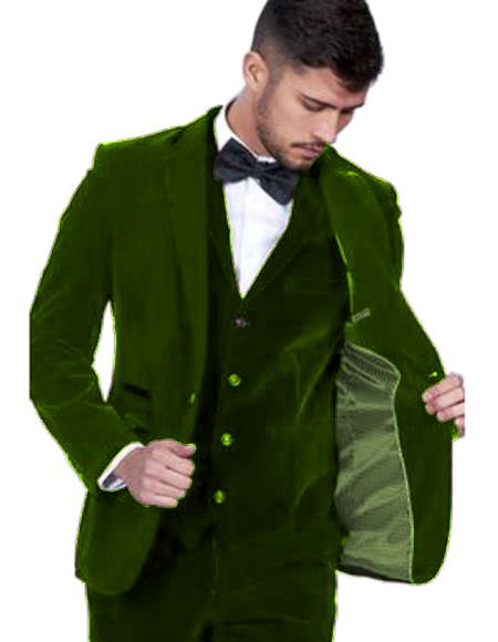 Mens Dark Green Color Single Breasted Peak Lapel Velvet Vested Suit Pre Order To Ship Jan/15/2020