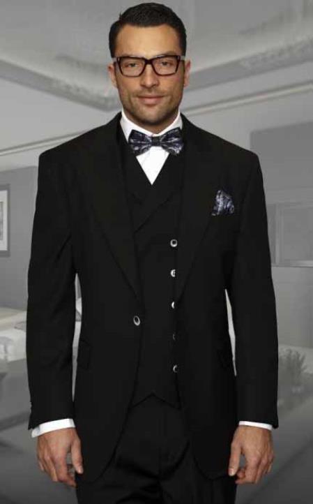 Statement 100% Wool 1940s Mens Suits Style 1 Button Suits Peak Lapel Suits Vested Suits Double Breasted Suits Wide Leg Pants Black Color