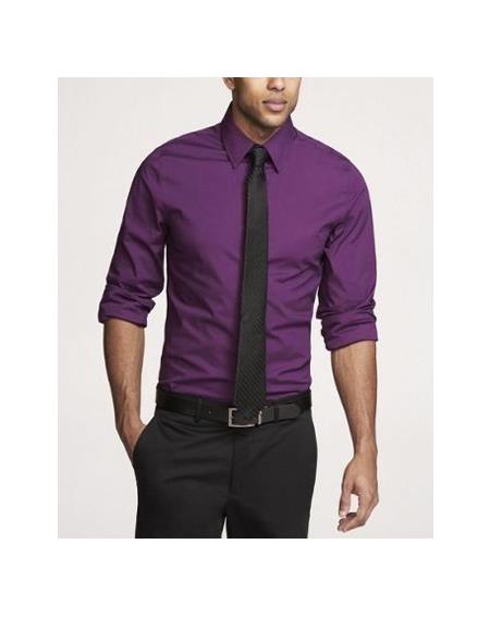 Purple Button Closure Long Sleeve Shirt and Black Tie for Men