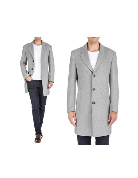 Mens Single Breasted Button Closure Light Grey Wool Peacoat 