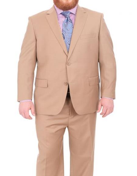 Mens Portly Executive Fit Solid Tan Light Brown Two Button 2 Piece Wool Suit