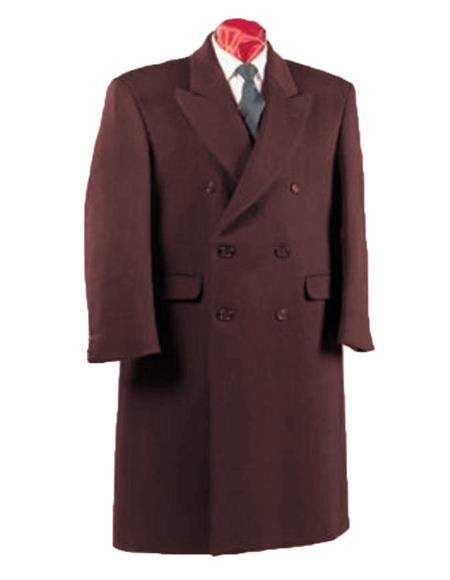 Burgundy Double Breasted Self-Flap Pocket Fully Lined Long Coat for Men