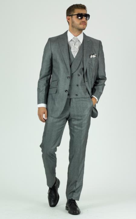 Mens Gray Double Breasted Vest with Shawl Lapel Suit
