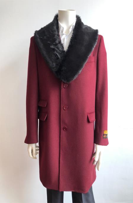 Mens Burgundy Fur Collar Wool Three Quarter Overcoat 