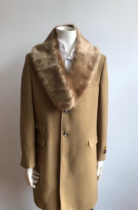 Mens Camel Two Flap Front Pockets Wool Three Quarter Overcoat