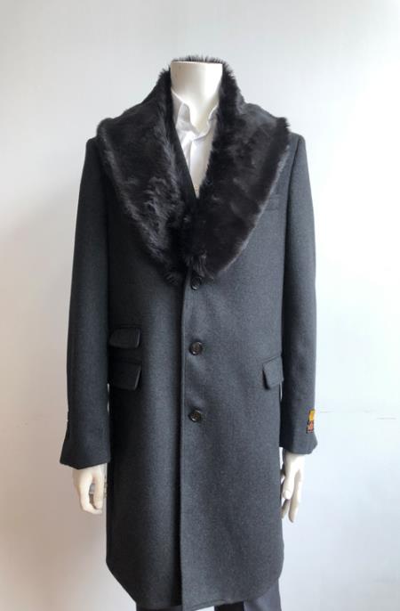 Mens Charcoal Single Breasted Ticket Pocket Wool Carcoat