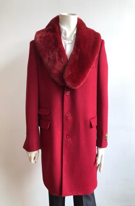 Men's Red  Wool Carcoat - Car Coat Mid Length Three Quarter Length Coat Three Quarter