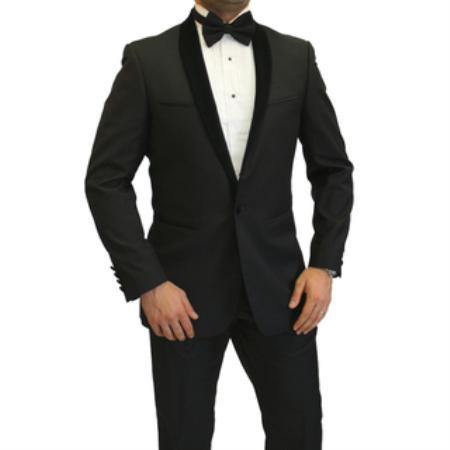  Men's Two Toned Full velour Blazer Jacket Lapel Shawl Black Tuxedo wool Fabric Suit