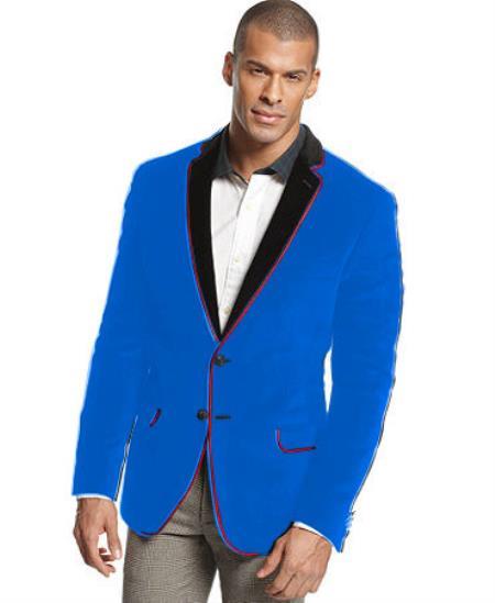 velour Blazer Jacket Velvet Formal Sport Coat Two Tone Trimming Notch Collar French Blue