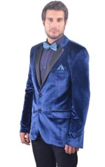 Velour Blazer Jacket Mens Navy ~ Midnight blue Fitted Velvet with Tuxedo Satin Lapel