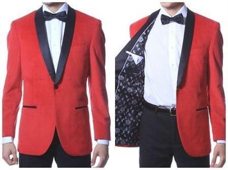 Mens Red Slim Fit Shawl Collar Fully Lined Velvet Jacket