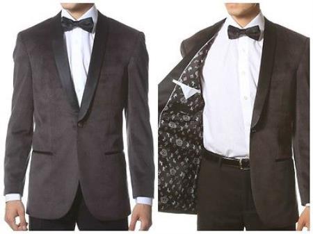Velour Blazer Jacket Mens Grey 1 Button Velvet ~ With Black Lapel Shawl Collar Dinner Jacket Blazer 