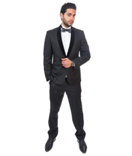 Men's Slim Fit 1 Button Shawl Velvet Collar Suit or velour Blazer Jacket Black 