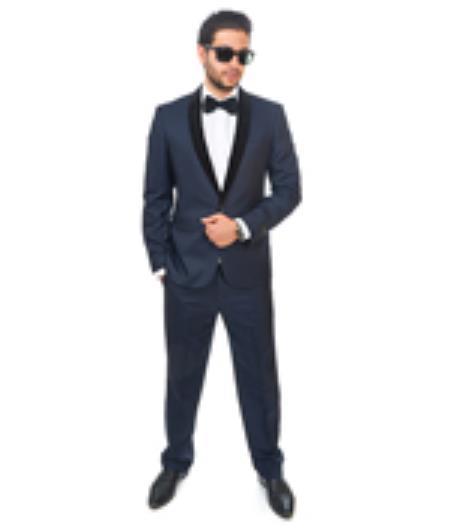 Velour Blazer Jacket Men's Slim Fit 1 Button Shawl Velvet Lapel Suit or Dark Navy Blue 