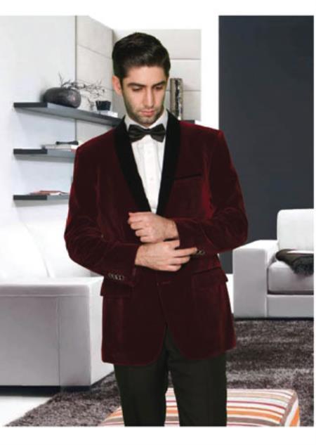 Mens 2 Button Modern Fit Shawl Lapel Burgundy ~ Wine ~ Maroon Color velour Blazer Jacket