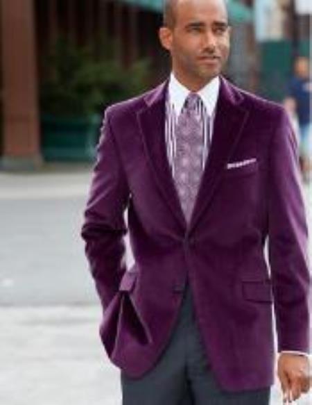 Mens Notch Lapel Two-Button Pure Cotton Velvet Purple Sport Coat velour Blazer Jacket
