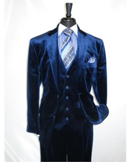 Men's Dark Navy velour Blazer Jacket 2 Button Velvet Fabric 3 Piece Vested Notch lapel Side Vent Suit