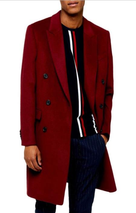 Mens Wine Six Button Double Breasted Overcoats