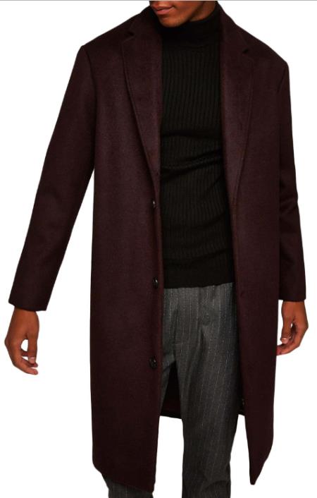 Mens Burgundy Single Breasted Overcoats Perfect For Wedding and Prom