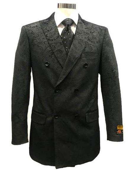 Mens Double Breasted Velvet Fabric Paisley Pattern Black velour Blazer Jacket - Slim Fitted
