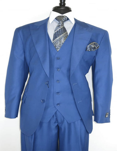 Blue Peak Lapel Ticket Pocket Suit for Men